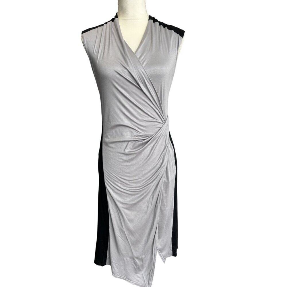 Helmut Lang Womens Grey and Black Sleeveless Wrap Dress With Ruching Size S